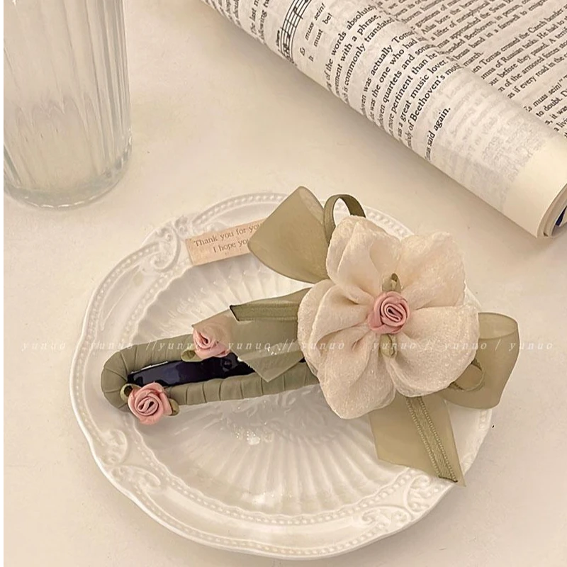 超仙网纱花朵发夹女后脑勺甜美森系鸭嘴夹2024新款鲨鱼夹一字抓夹