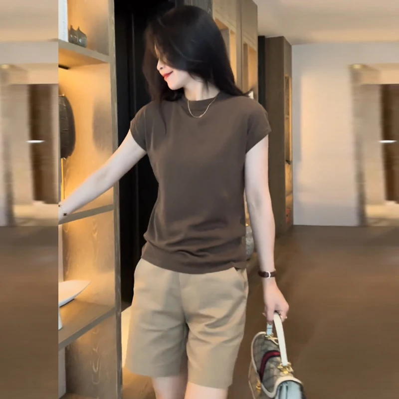 素颜穿搭2025夏季新款薄款针织衫女洋气纯色短袖女款爆款2025新款