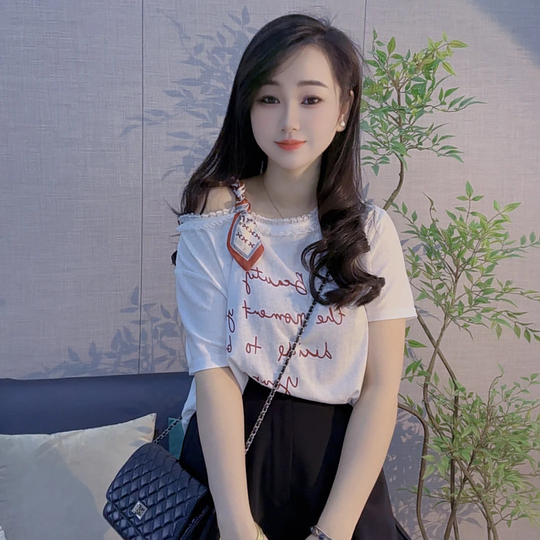 丹丹精选--7232新款丝巾拼接单件蕾丝花边领字母短袖T恤