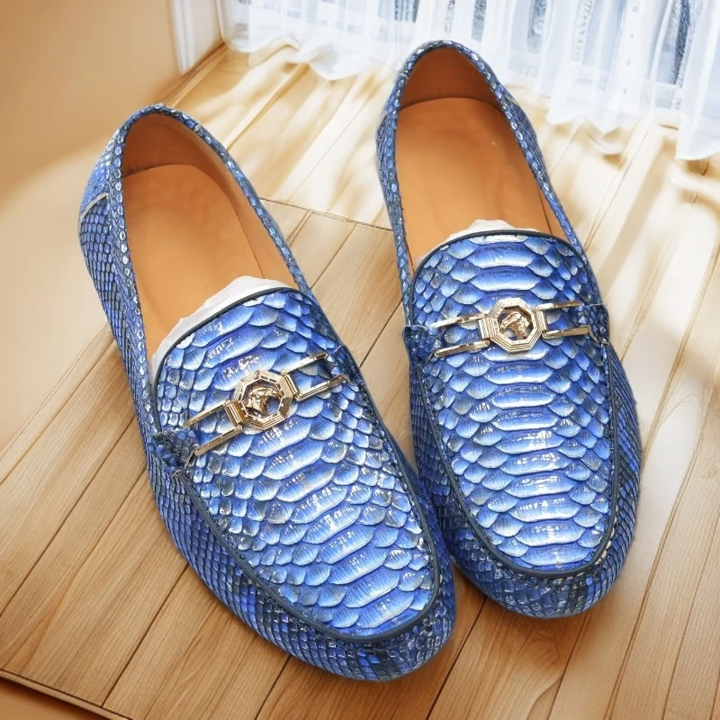擦色蛇皮休闲鞋休闲耐磨豆豆鞋潮流乐福鞋一脚蹬夏季男士蓝色