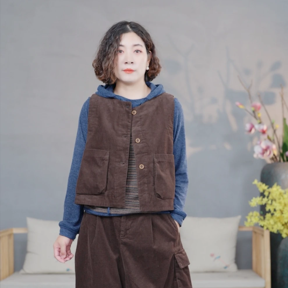 【悦兮】秋冬新款文艺百搭条纹加棉休闲复古宽松通勤女背心马夹5140