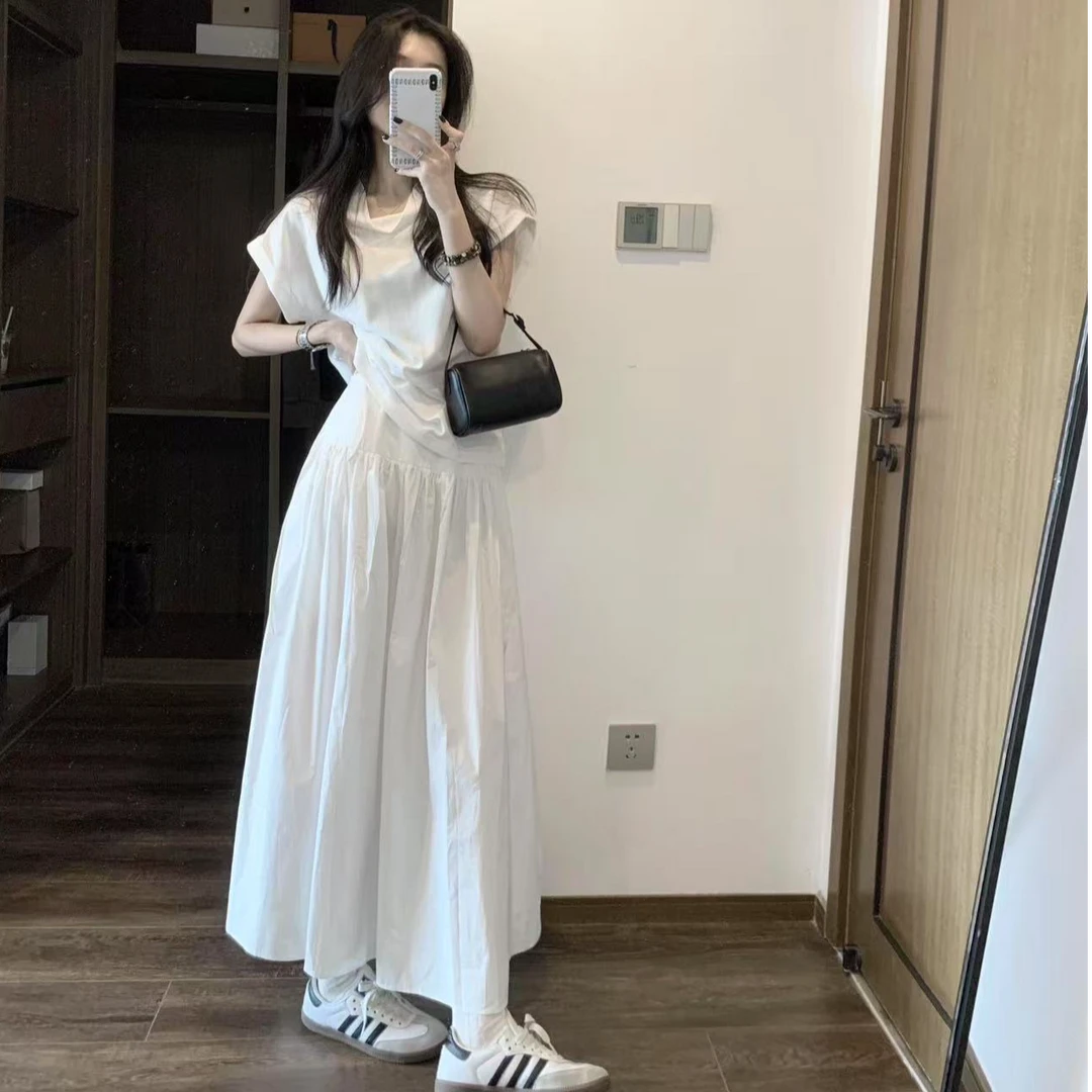 夏季白色净版T恤女ins风潮高腰设计感半身裙休闲长裙绝美两件套装