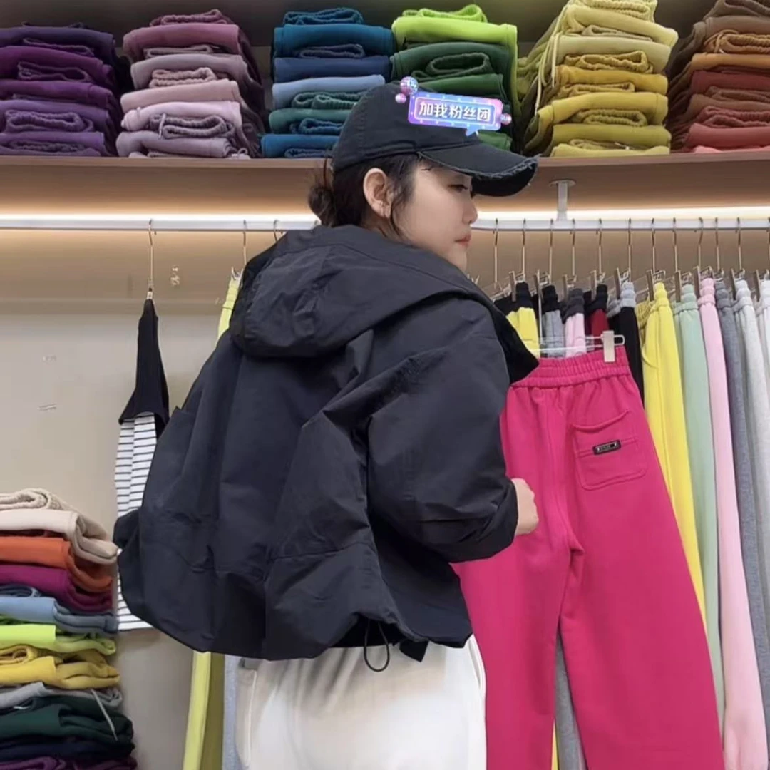 女士女风衣女款抽绳春秋户外时尚休闲短外套仙女风连帽纯色长袖