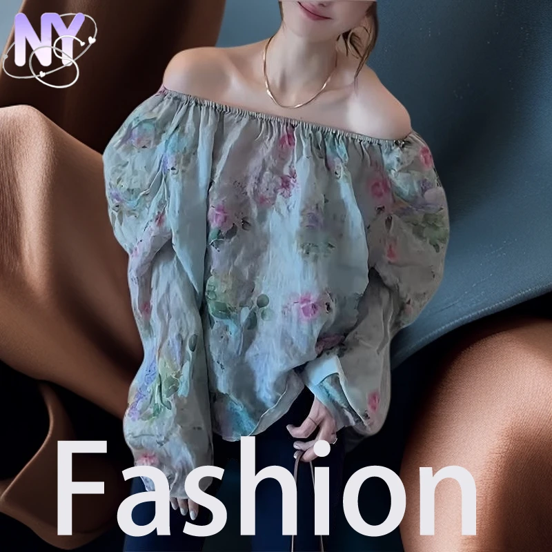 【轻奢甄选】2025春季新款超好看独特漂亮衬衫小众设计感一字肩蓝色