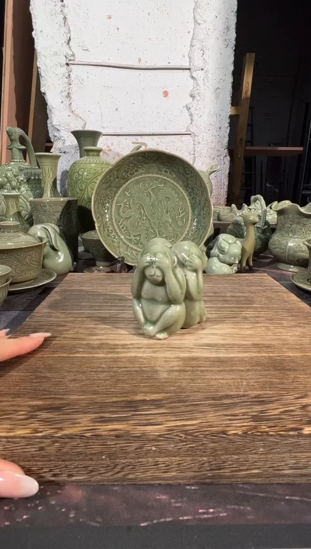 耀州窑三不猴摆件