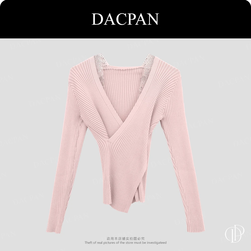 DACPAN-“天鹅颈”交叉V领烫钻针织上衣 2025/盼·PP 8898