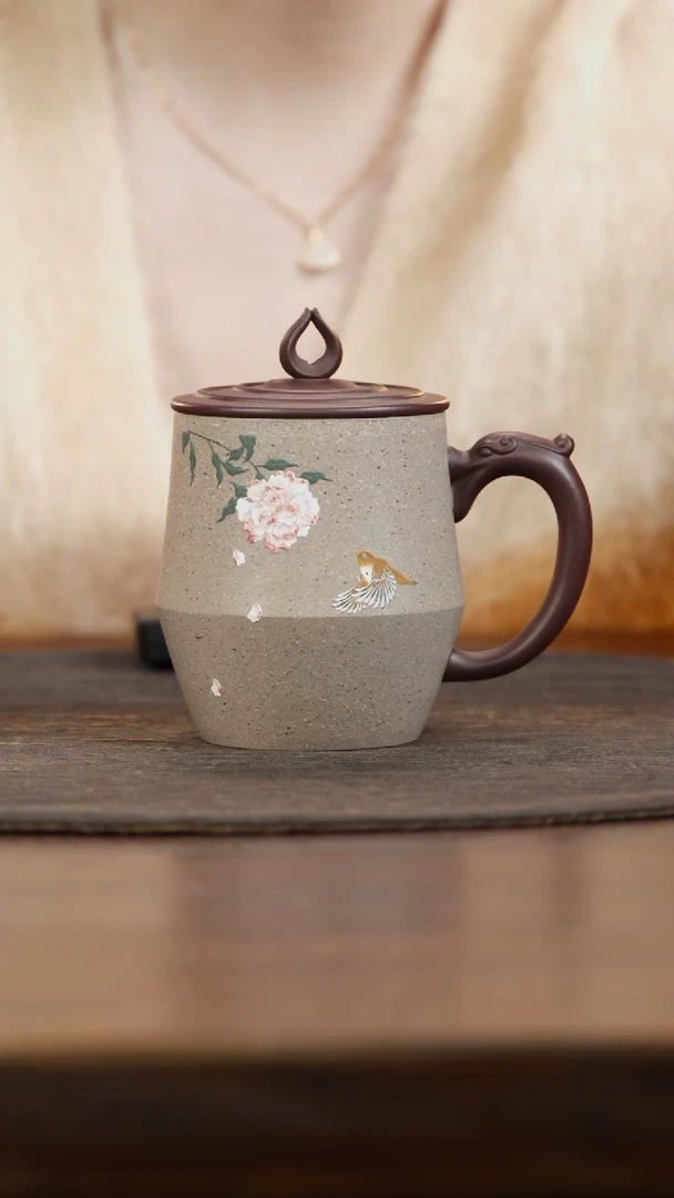 【闪购商品】紫砂茶叶罐定窑白泥绘小鸟花龙把盖杯