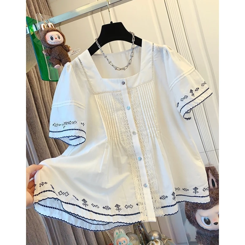 时尚气质法式刺绣褶皱方领短袖衬衫娃娃衫宽松薄款独特漂亮小上衣