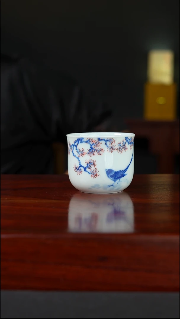 祖传窑  真柴窑传承400年花鸟点红卧足杯