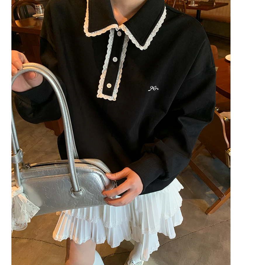 黑色蕾丝花边polo领卫衣女秋季宽松休闲设计感蝴蝶结绣花慵懒上衣