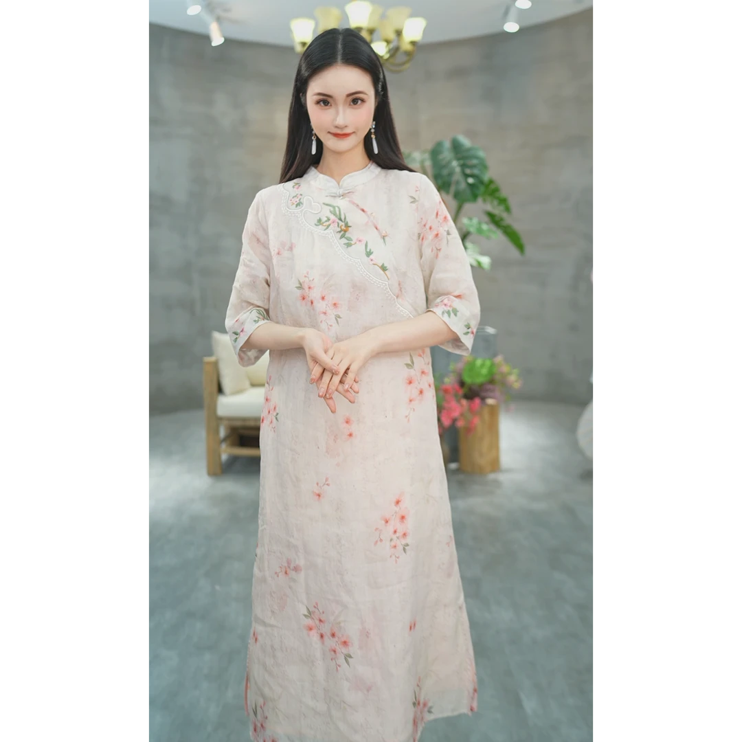 赠李白【人间芳菲】重工刺绣100支苎麻气质中国风旗袍长款旗袍6758