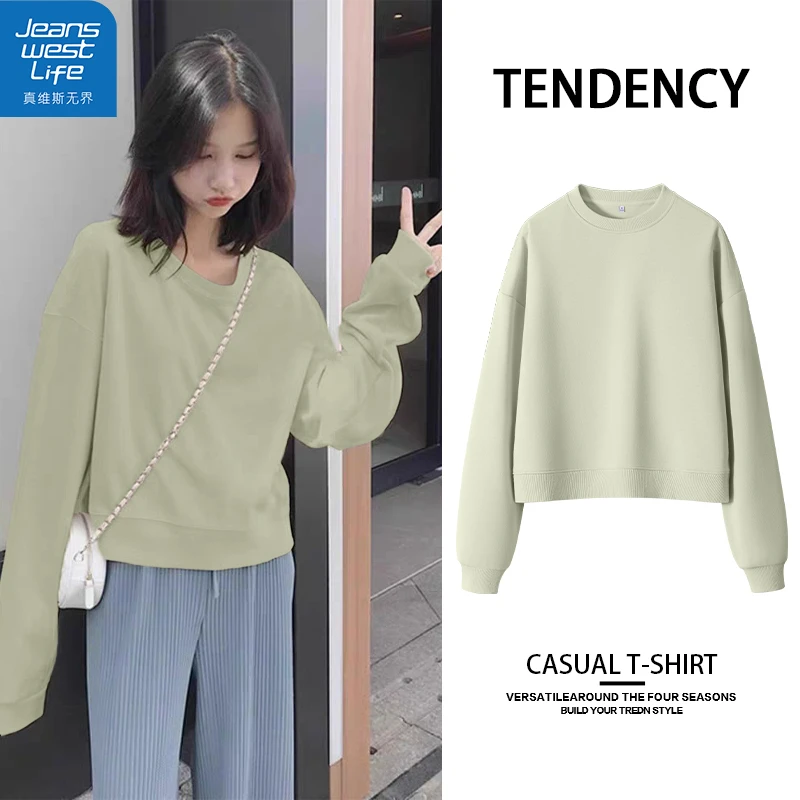 真维斯无界绿色短款圆领卫衣女生长袖春秋宽松百搭设计感时尚上衣