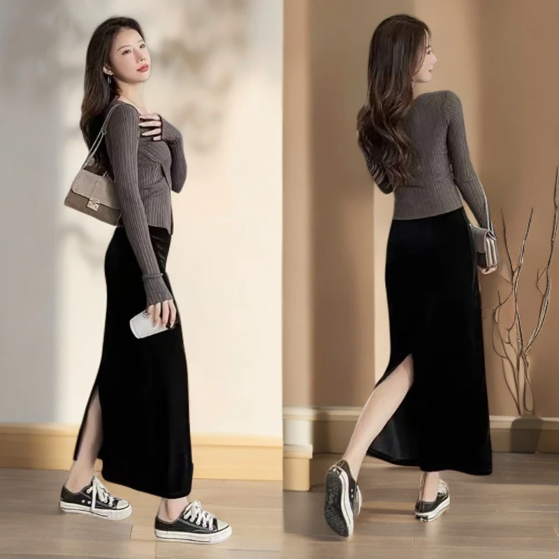 【工厂直发现货】2025秋冬季金丝绒百搭裙新款女装显瘦中长款半身裙