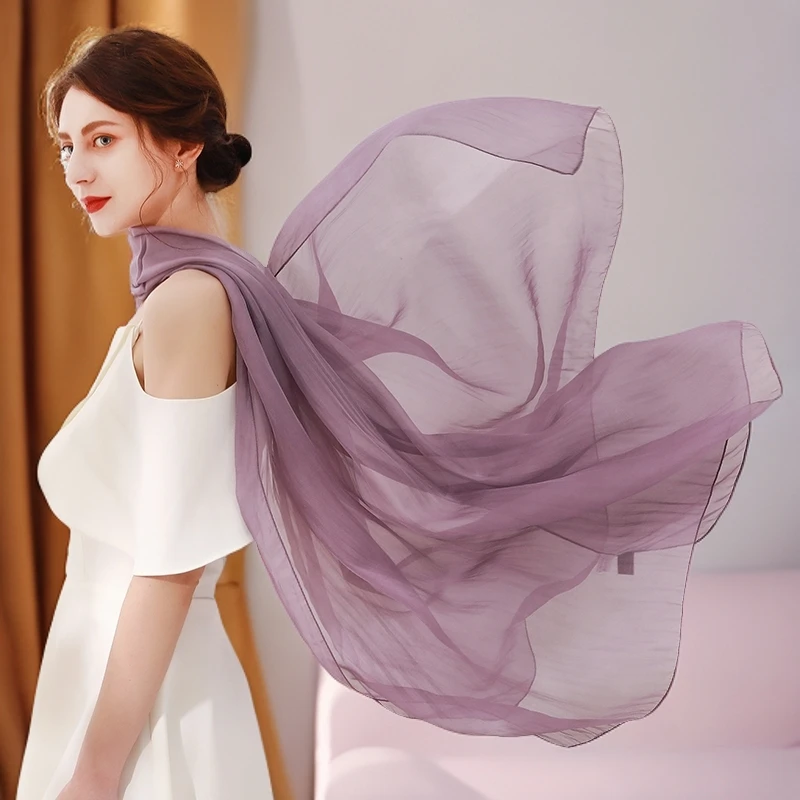 品牌高档100%桑蚕丝180*110cm加大款真丝纱巾春秋纯色薄款丝巾女
