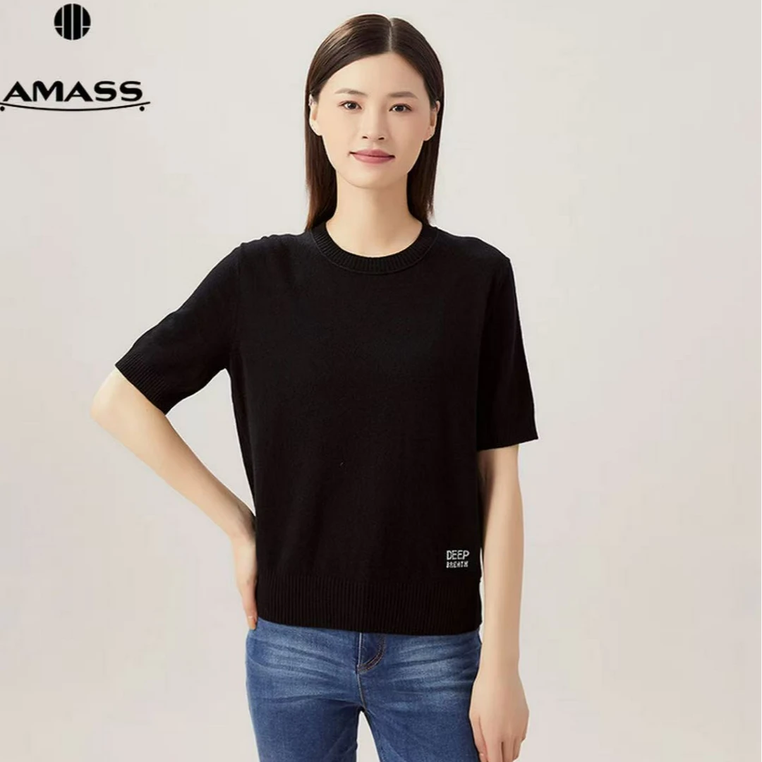 阿玛施AMASS时尚圆领套头字母纯羊绒短袖针织衫女简约圆领5399567