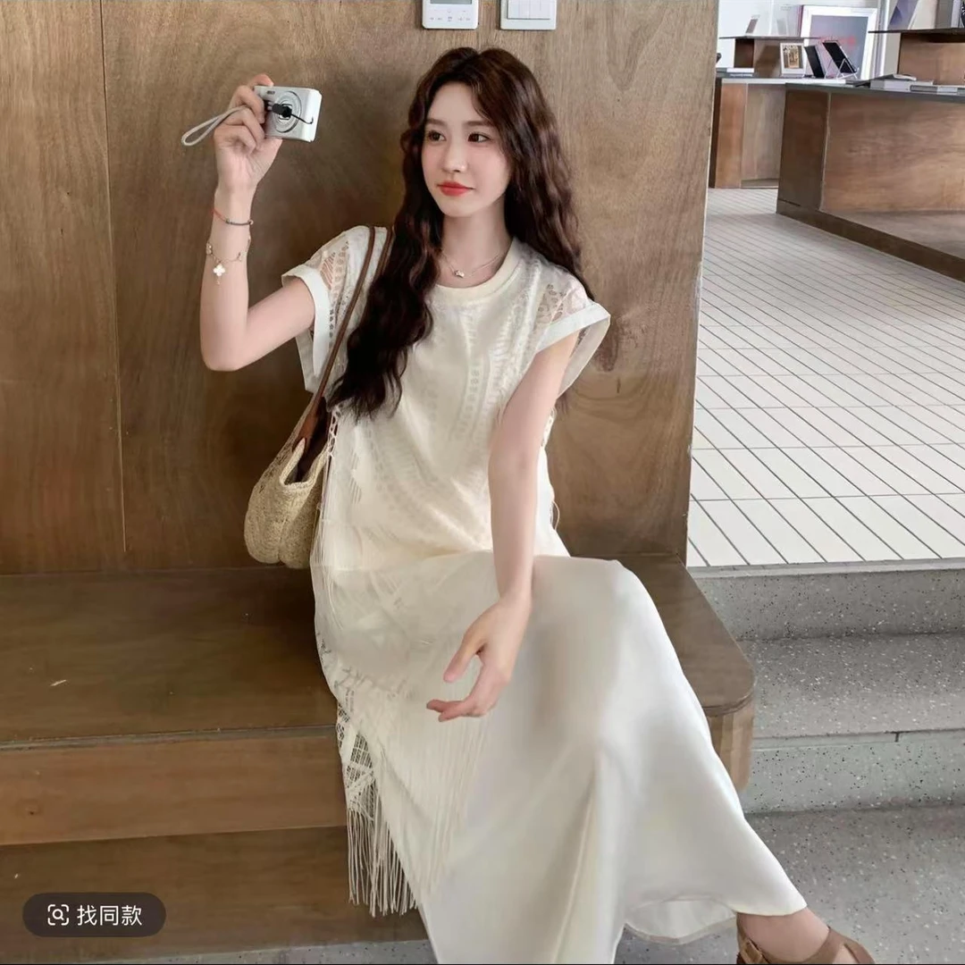 5117流苏镂空拼接连衣裙女夏2025新款流行小个子休闲松驰感爆款潮