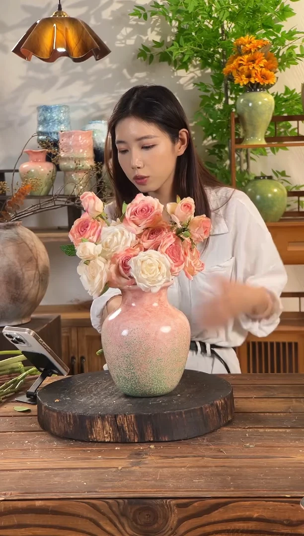 【绿脂凝春-中号胖肚瓶】无孔水培桌面陶瓷花瓶鲜花干花插花花器