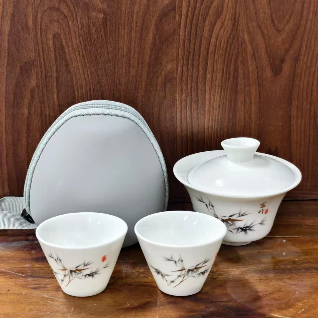 悬停盖碗旅行茶具一盖碗二杯便携旅行茶具手提包