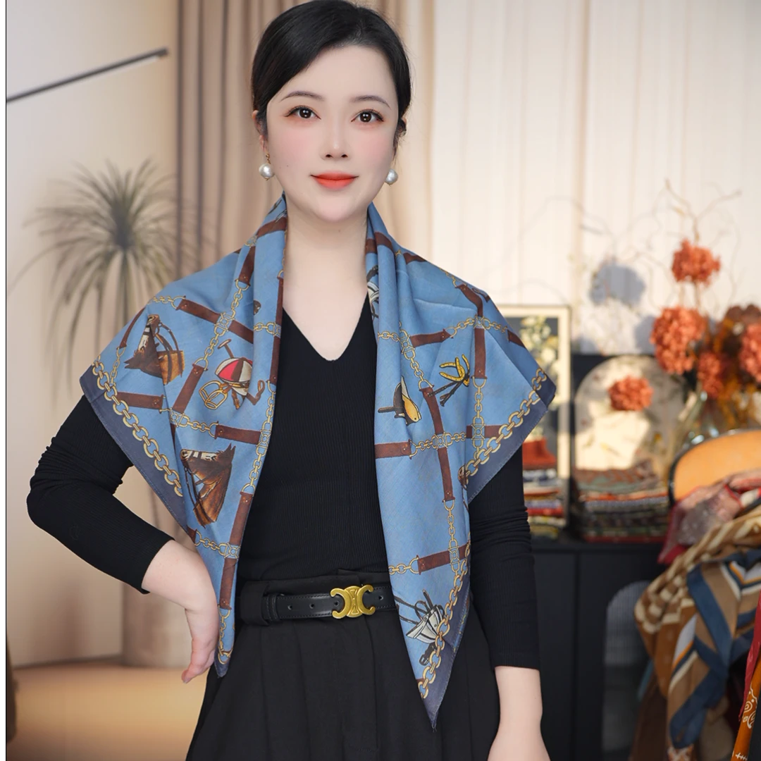 P12【蓝色丝语】新款棉质双面85*85围巾方巾