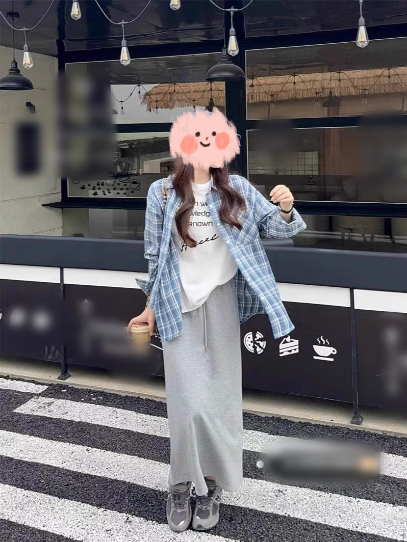 大码春夏季长袖格子衬衫休闲短袖T恤包臀半身裙三件套5780#