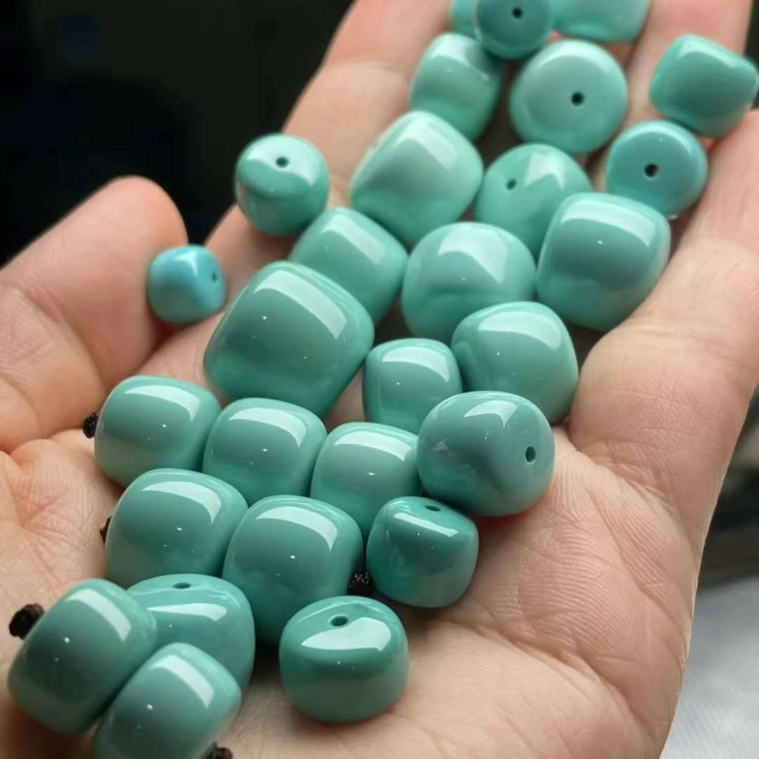 高档原矿绿松石单珠老型桶珠对珠散珠配珠