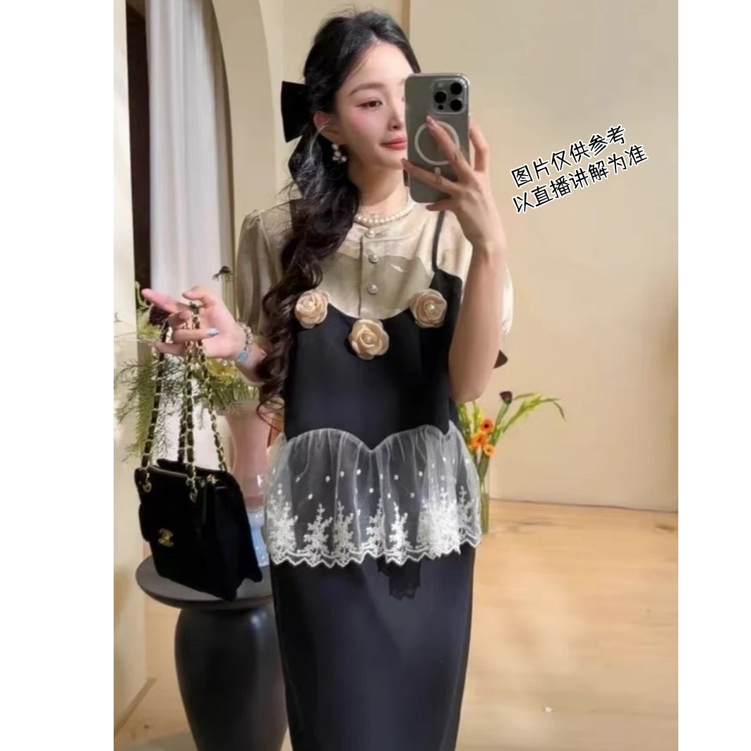 欧若风设计感假两件吊带套装裙女小众蕾丝拼接短袖上衣半裙两件套