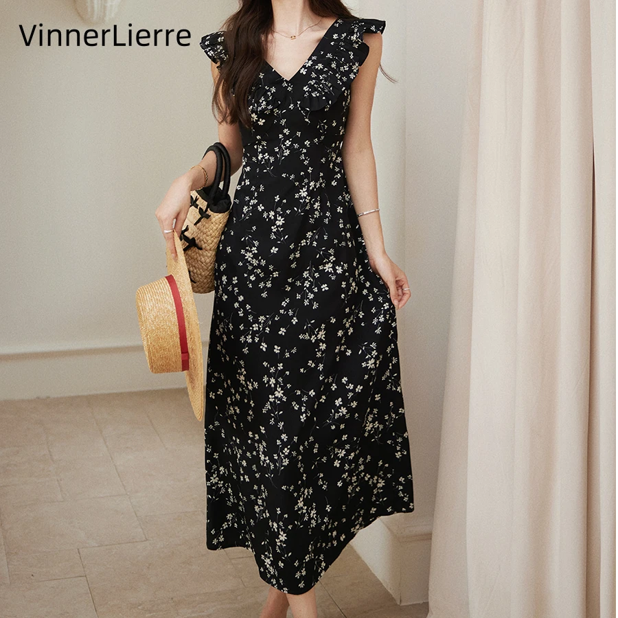 薇妮诺优雅连衣裙碎花夏季清新甜美V领白色连衣裙高端大气上档次