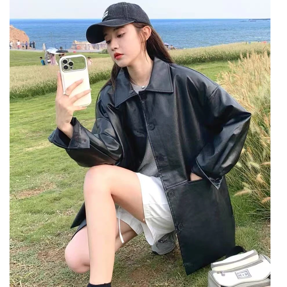 黑色皮衣外套春秋女2025新款宽松洋气休闲皮衣外套减龄翻领夹克