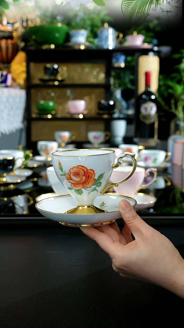 珞诗、手绘橙玫瑰杯碟