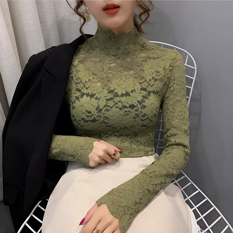 春秋冬新款蕾丝打底衫女百搭显瘦性感长袖高领加绒小衫洋气上衣