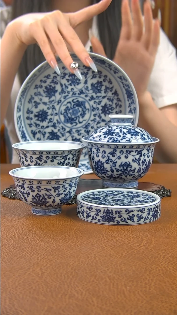 景德镇手工青花缠枝莲盖碗套组五件套