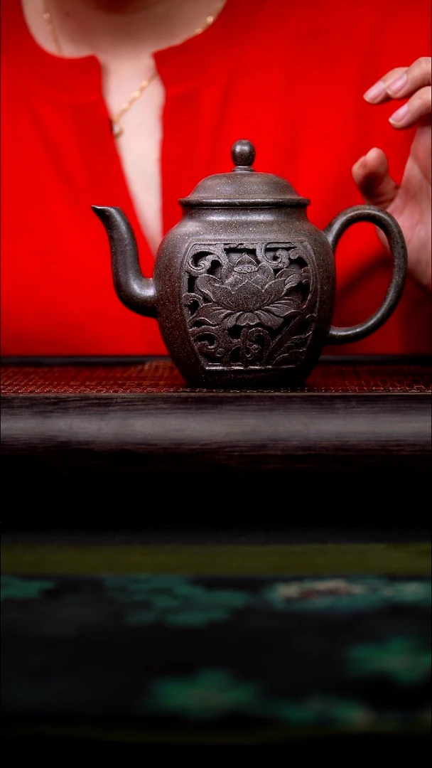 茶壶紫砂镂空 柴烧 丹青采砂 宫灯