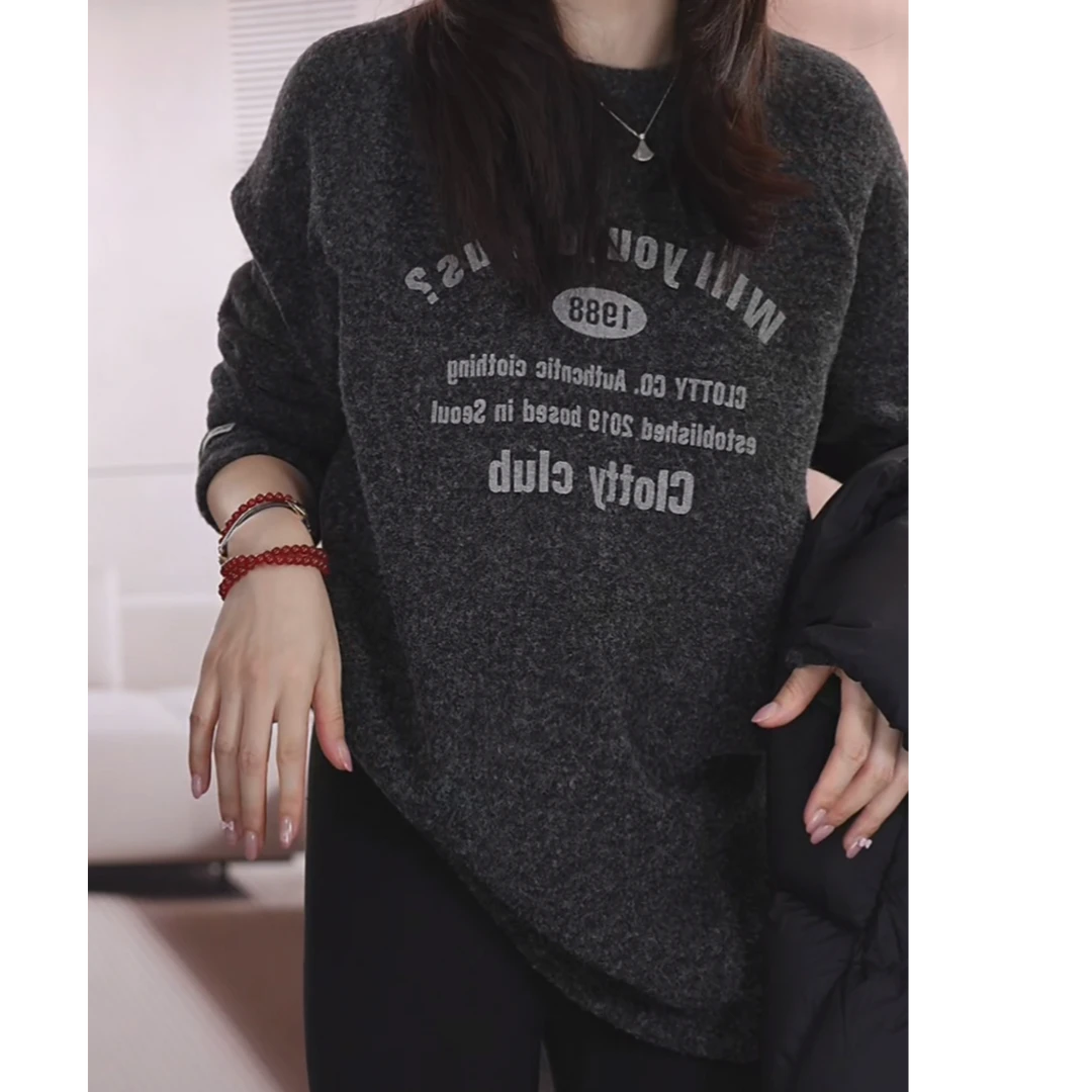 慵懒宽松大版圈圈绒感复古做旧印花卫衣2025秋冬新款女士长袖上衣