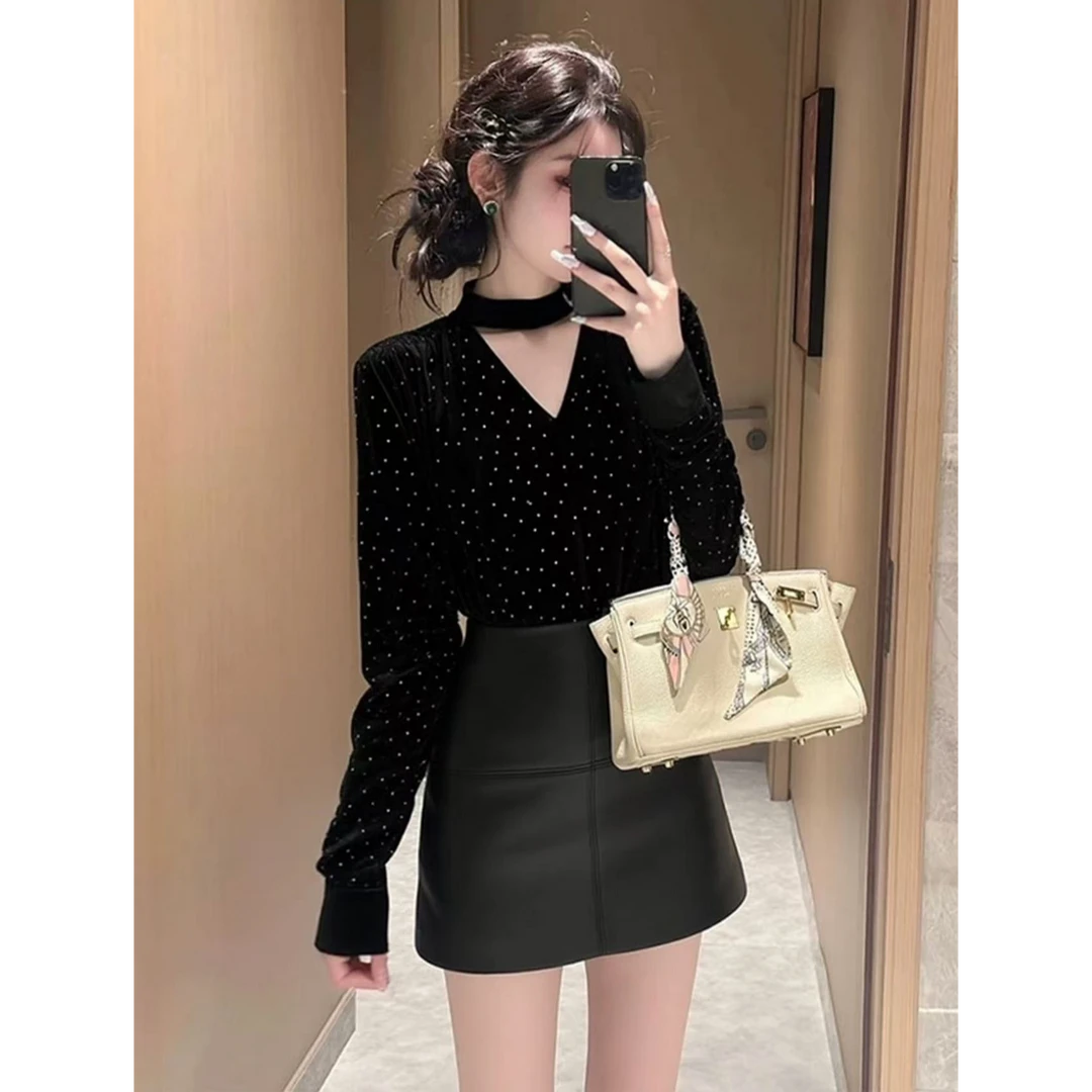 Z470法式小资小上衣重要场合小众不撞款通勤黑色波点丝绒衬衫套装