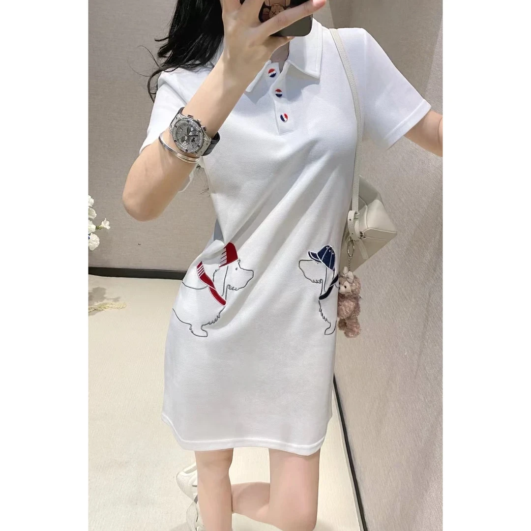 ICCLEK 夏季翻领腊肠狗短袖连衣裙白色轻奢气质名媛 连衣裙 -1303