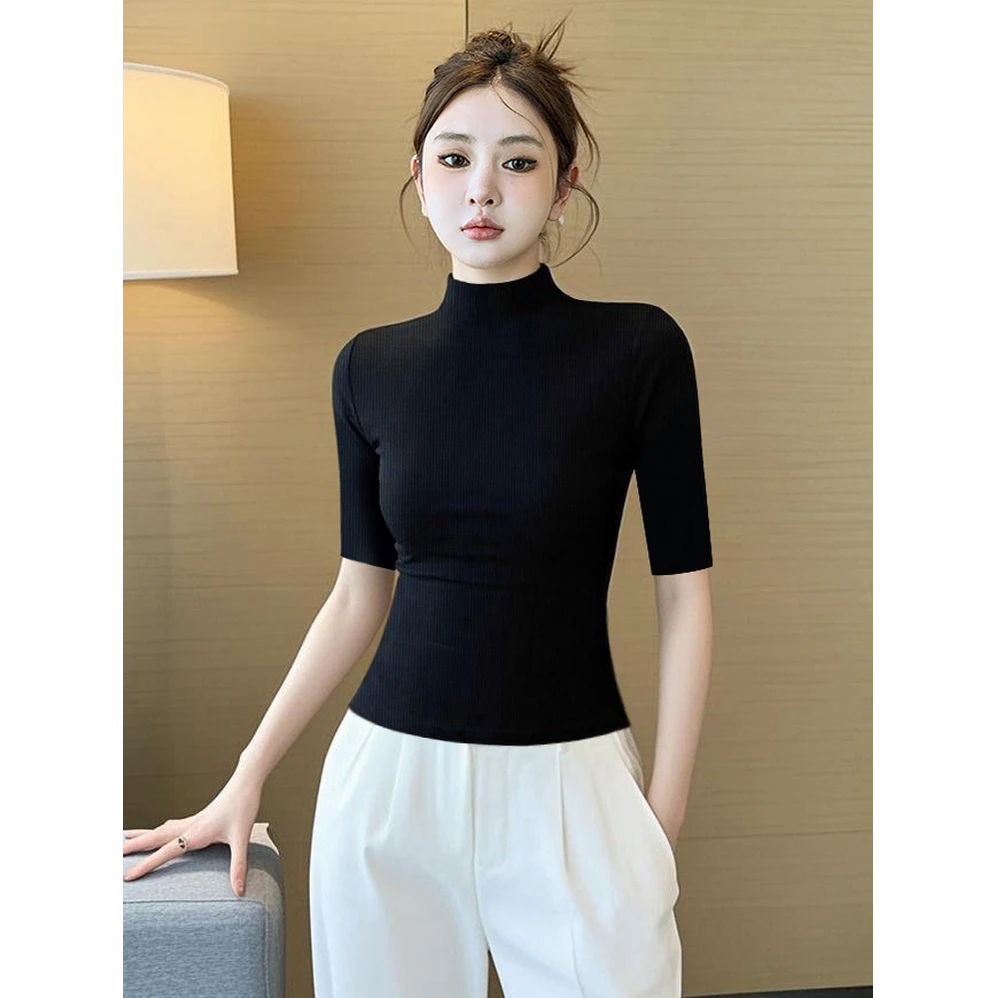 黑色冰丝半高领中袖t恤打底衫女内搭夏春秋 2025新款修身半袖上衣