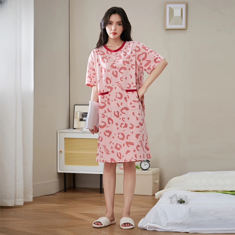 【清仓】猫人弹力纯棉粉色豹纹短袖睡裙女夏季新款家居服睡衣QX