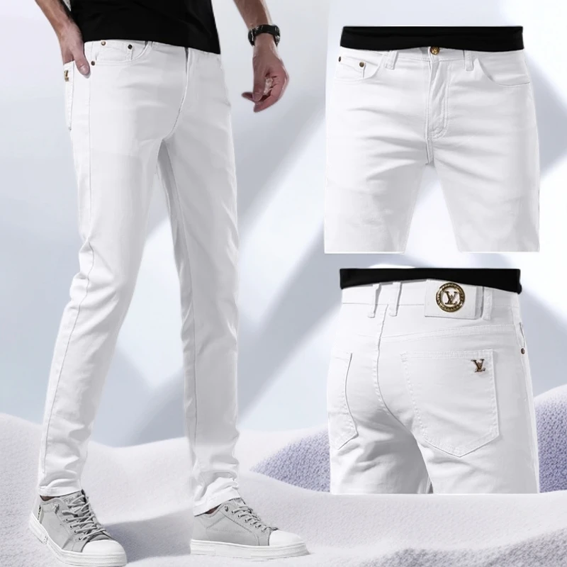 宾斯洛特时尚白色休闲牛仔裤男修身小脚潮牌新款春夏季韩版长裤