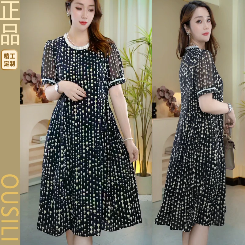 【冰感玉珠】时尚减龄显瘦韩版气质休闲圆领宽松连衣裙夏季074W