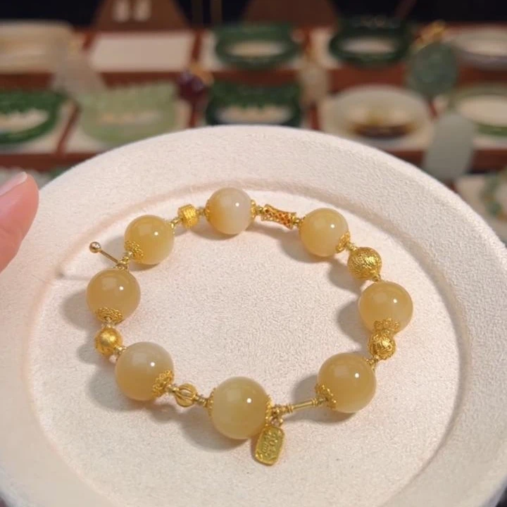 和田玉圆珠18K金设计款手串 12MM