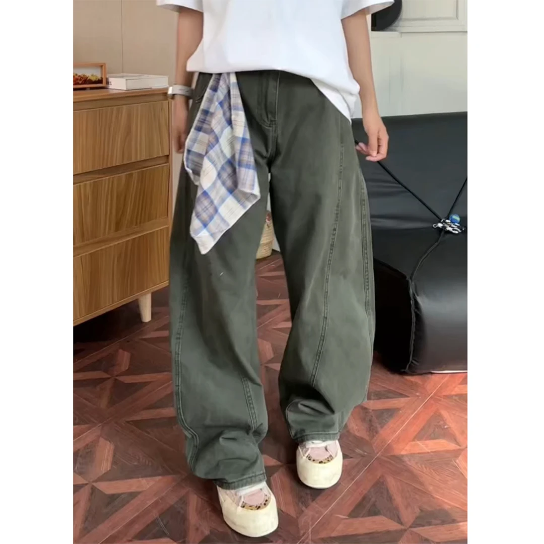 秋季新款复古长裤弯刀牛仔裤阔腿裤高腰休闲潮流青少年工装裤