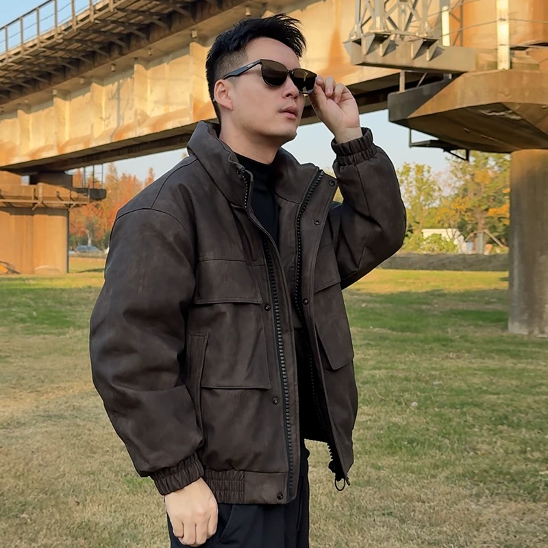 男士皮衣羽绒服美式复古工装风机车夹克外套立领冬季保暖潮流加厚