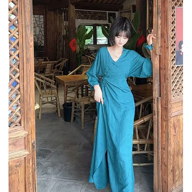 【南鸢】可欣65支高丝高柔绵绸新中式国风优雅高级大气纯色连衣裙