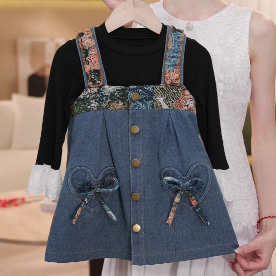 春夏季复古风女童牛仔背心裙洋气设计潮流两件套装SL0038