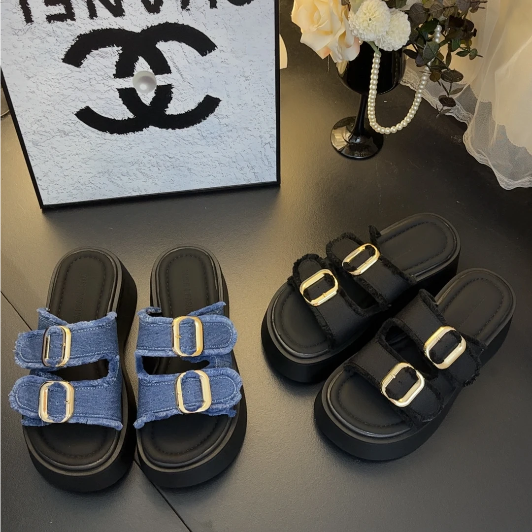 2025夏季新款厚底8CM矮子了金属扣设计流苏可调节外穿女凉拖鞋