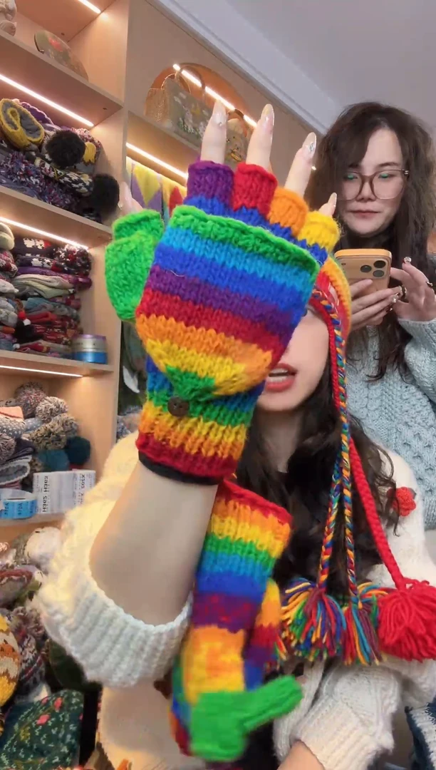 绵羊毛百羊毛五指彩虹手套