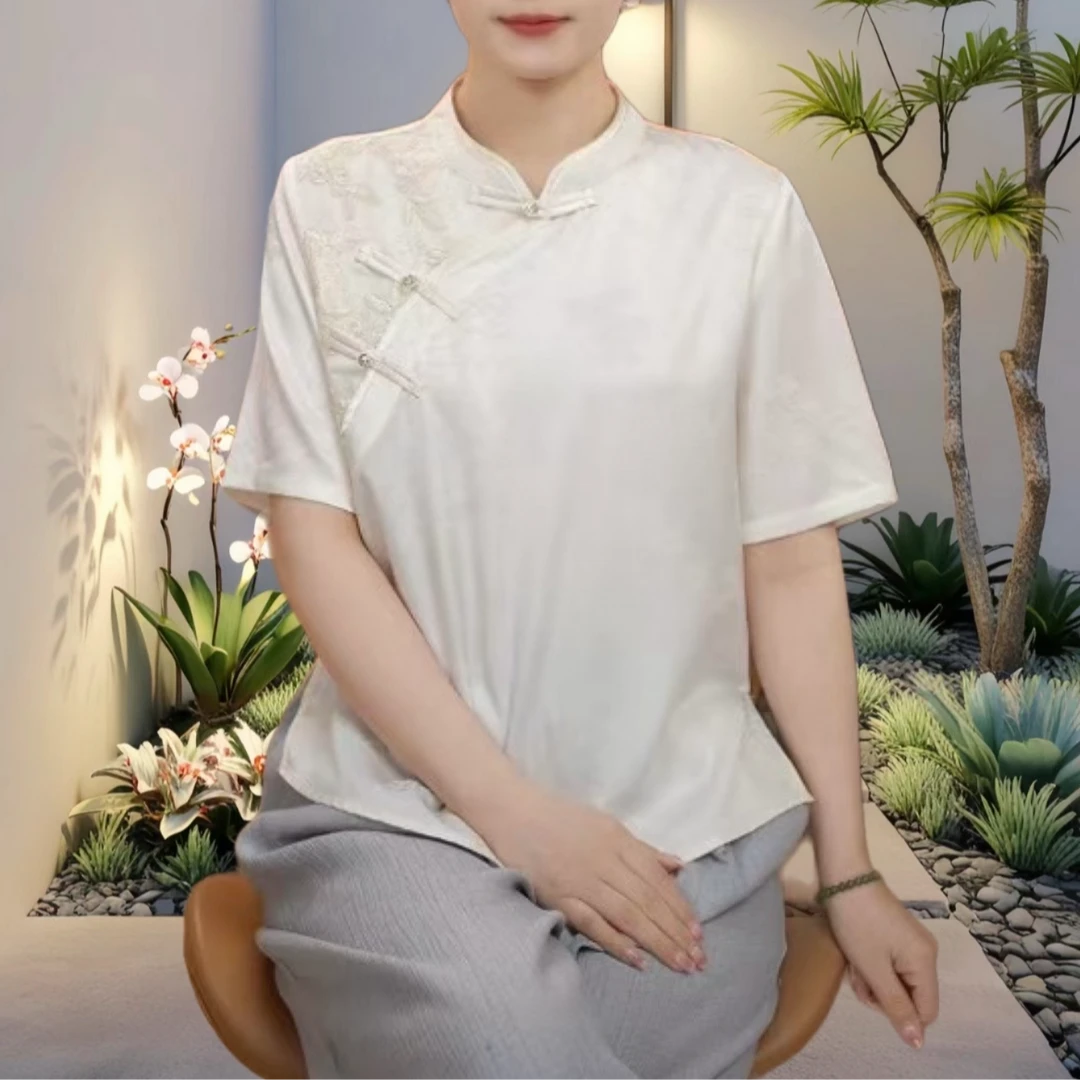 春夏新款新中式刺绣国风休闲百搭气质短袖提花时尚女535