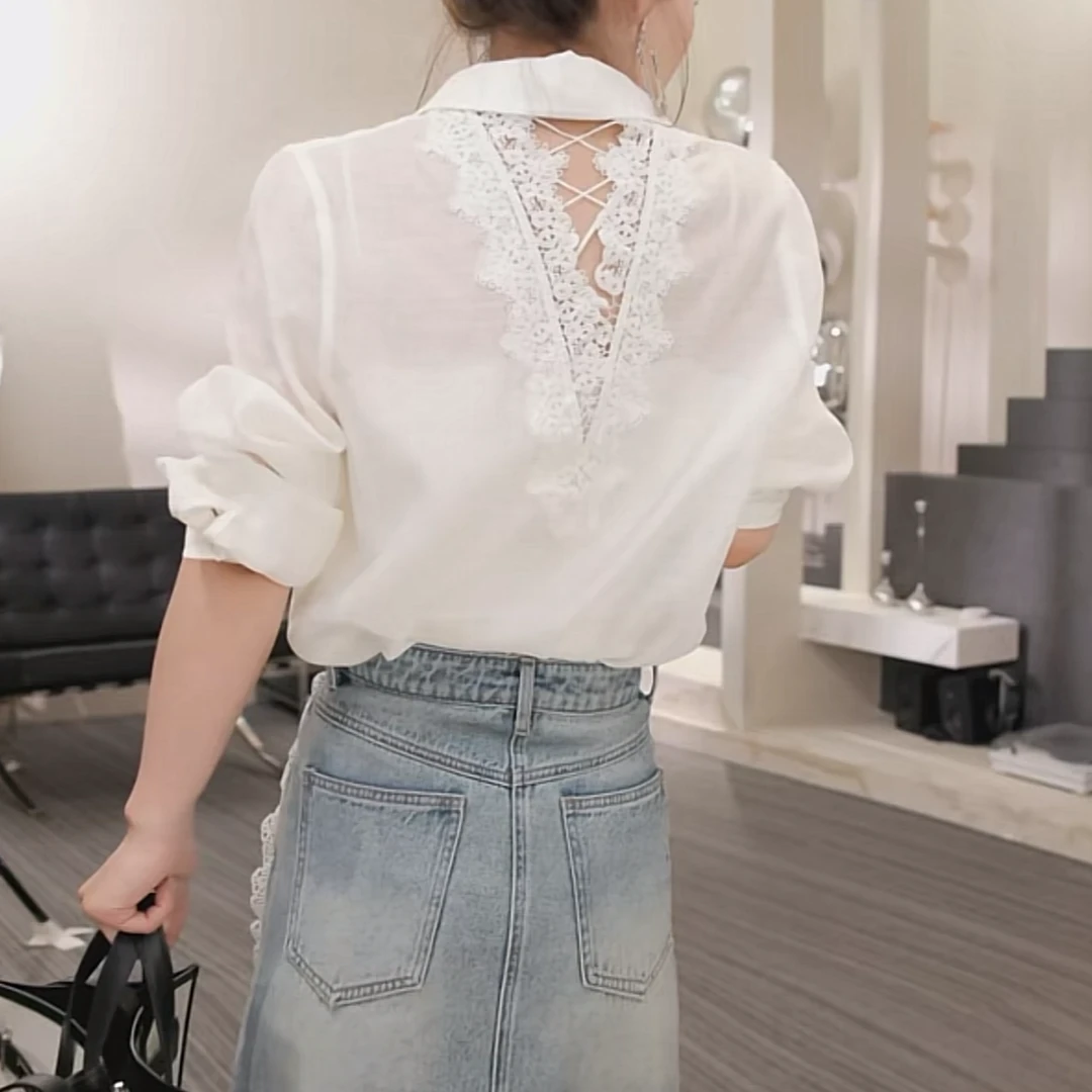 设计感蕾丝后背镂空长袖衬衫女2025早春新款时尚休闲气质轻奢衬衣