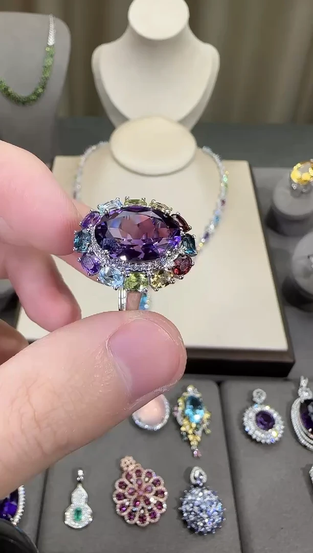 银S925镶嵌戒指紫晶10*14mm戒指多彩宝设计款