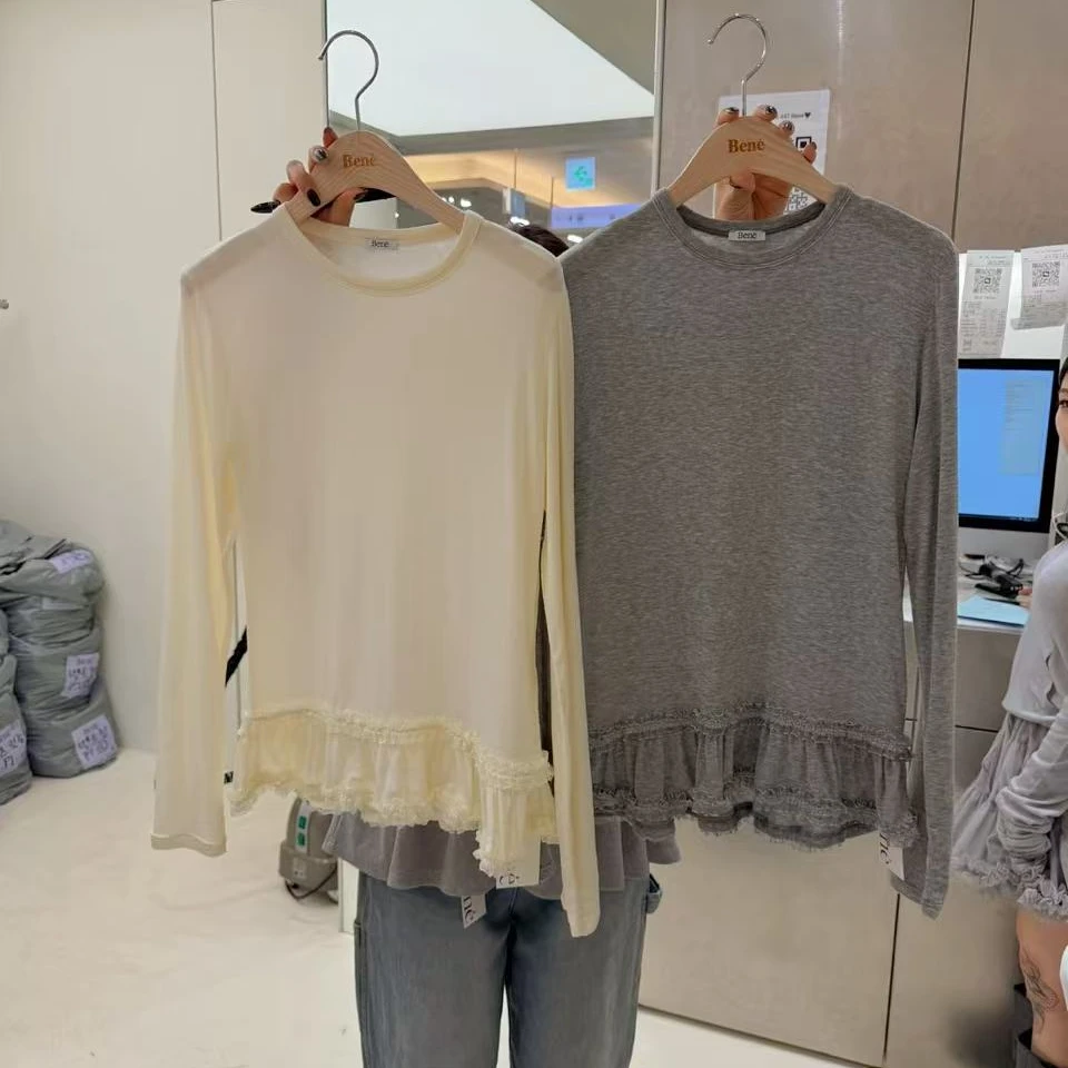 东大门正品Be下摆双层蕾丝边打底T恤（no退no换）